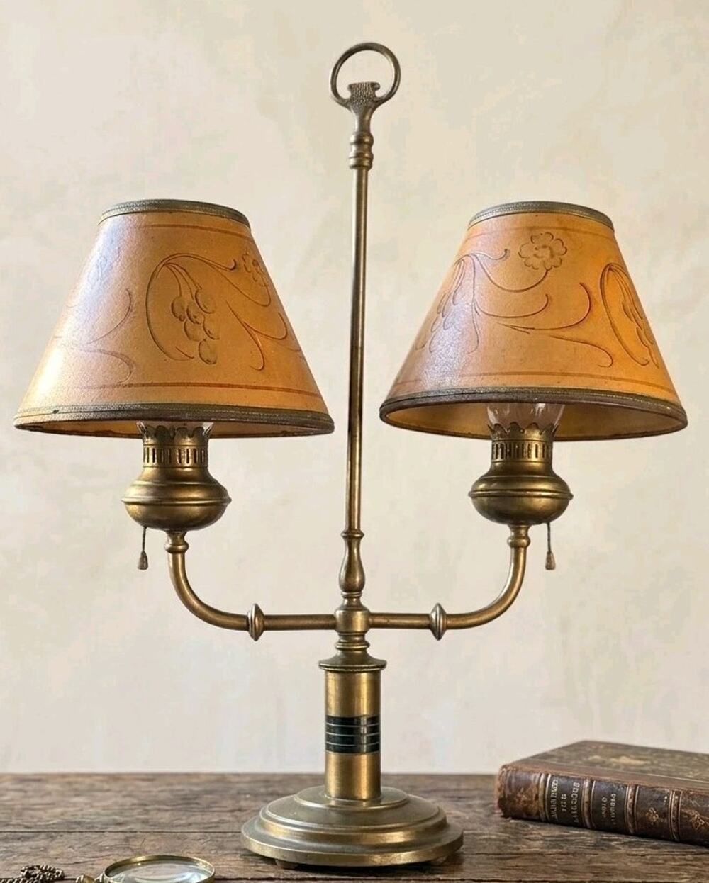 Vtg Remington Brass Bouillotte Double Student Light Lamp Tole Shade Hurricane 21